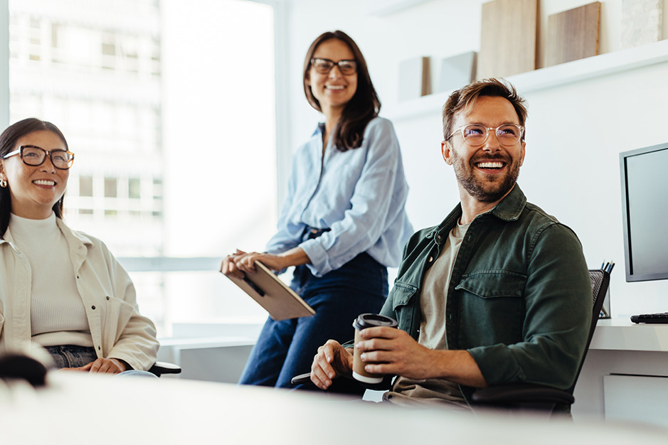 Professionals listening to a discussion in an office